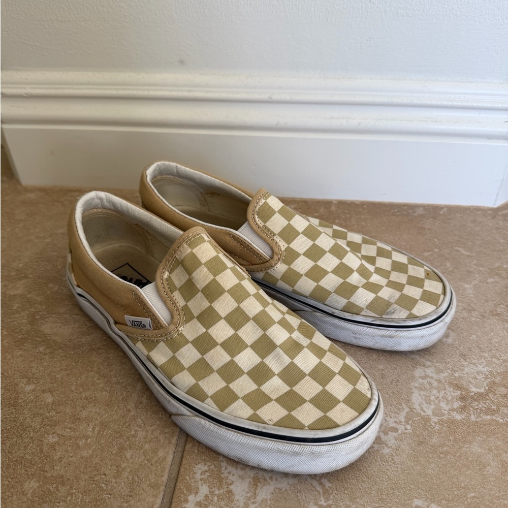 Vans Beige and White Checkered Slip-Ons